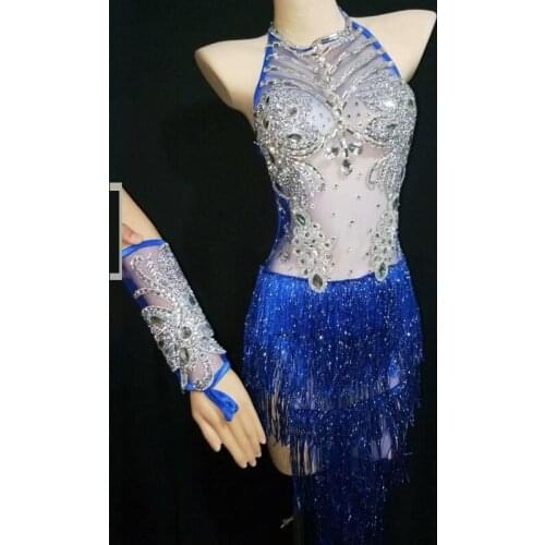 Fashion Blue Tassel Stones Dance Bodysuit Women Singer Sexy Leotard Fringes Costume Celebrate Outfit Evening Stage Show VDB1008