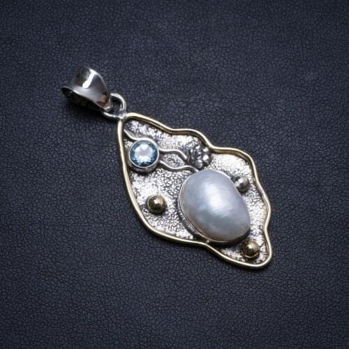 Natural Biwa Pearl and Blue Topaz Handmade Unique 925 Sterling Silver Pendant 2" X1305