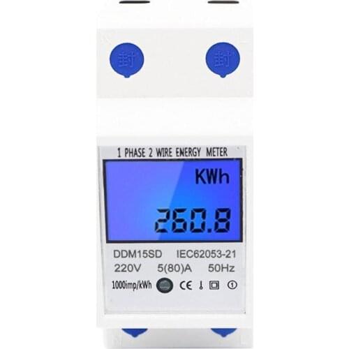 OOTDTY 5(80A) Energy Meter Single Phase 2Wires Din Rail Electric Meter Monitor DDM15SD with LCD Backlight