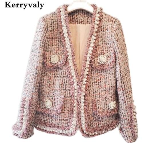 Luxury French Small Fragrance Goth V-neck Pearl Bead Winter Coat Women Fashionable Tassel Fluffy Tweed Oversized Jacket K3080