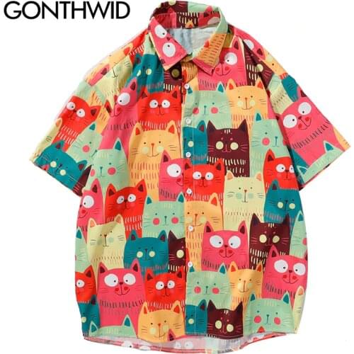 GONTHWID Funny Colorful Cats Print Hawaiian Shirts Men Summer Aloha Tropical Shirt Casual Button Down Short Sleeve Beach Shirts
