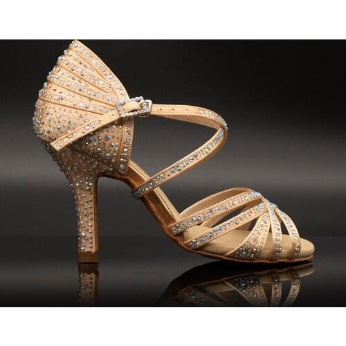 【Kira】Crystal 5 Strap Champagne Satin 8.5cm Slim Heel Sandals