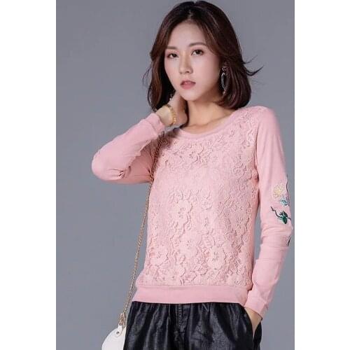 Ladies Tops Spring Autumn Lace Embroidery Blouse Shirt Long Sleeve Printing Pink White Shirt Femme Korean Woman Clothes DD2382