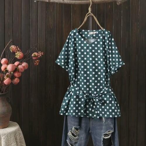 Plus size V-neck polka dot sashes women tshirt 2021 summer NEW drop-shoulder sleeve casual loose ladies t shirts female tops