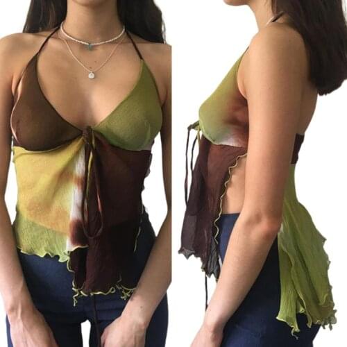 Women Summer Tank Tops Splicing Spaghetti Strap V-Neck Backless Slits Vest with Irregular Hem for Girls Brown