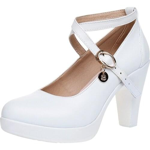 Spring and Autumn Single Shoes Womens High Heels Rough Heels Waterproof Round Head White Catwalk Show