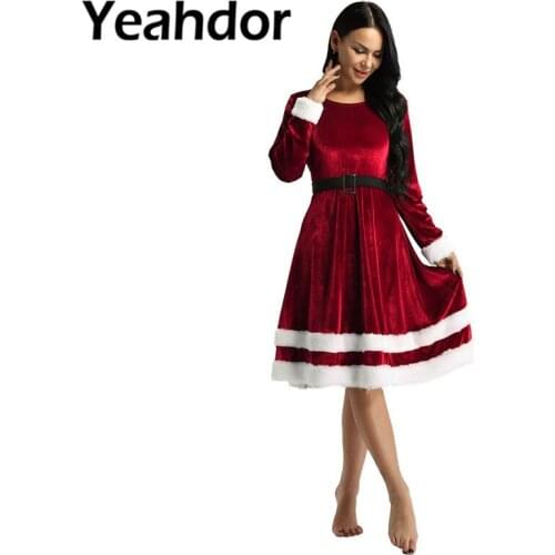 Womens Ladies Soft Velvet Scoop Neck Long Sleeves Mrs Santa Claus Xmas Costume Adults Girls Christmas Party Fancy Dress Outfit