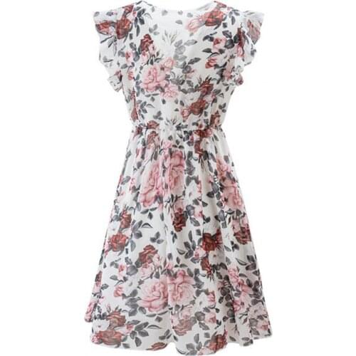 Midi Dress Floral Print Ruffles Sleeve Women Round Neck Large Hem Dress for Dating
