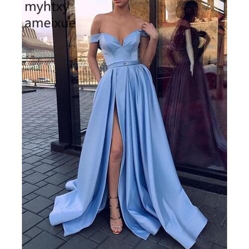 2020 New Blue Gown Evening Dresses Long V-neck Sweep Train Short Floor-length Satin Natural The Shoulder Simple Robe De Soiree