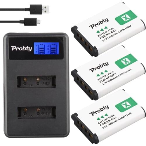 3Pcs PROBTY NP-BX1 NP BX1 Camera Battery + LCD Dual Charger for Sony Cyber-shot DSC-HX80 RX100 H400 HX300 HX50V WX350 WX300 AS50