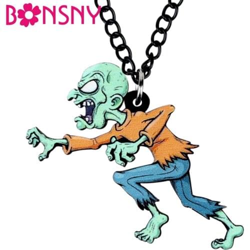 Bonsny Acrylic Halloween Cartoon Angry Zombie Necklace Long Chain Choker Festival Jewelry Kids Teens Girls Fashion Party Gift