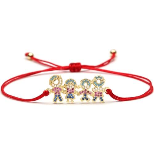 White Cubic Zirconia Family Charm Bracelet Women Little Girl Boy Father Mother Copper CZ Black Red String Handmade Jewelry Gift