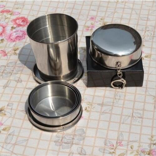 Stainless Steel Tea Cup 1PC 60ml 140ml 240ml Portable Outdoor Travel Camping Folding Collapsible Cup With Key chain