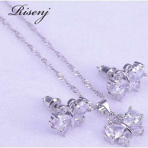 Many Colors Butterfly 925 Sterling Silver Jewelry Set For Women Stud Earrings Necklace Set Costume Jewelry Set