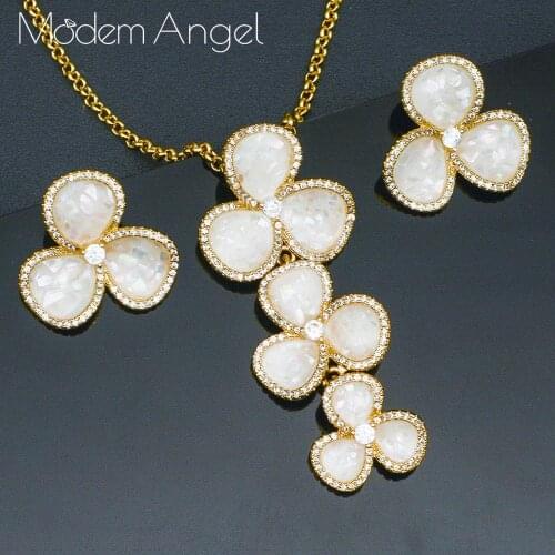 ModemAngel 2020 Luxury 3 Flower Necklace Earring Jewelry Sets For Women Wedding Indian Dubai Bridal Cubic Zirconia Jewelry Sets