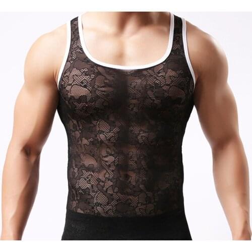 Mens Underwear Vest Nylon Breathable See Through Lace Sexy Appeal