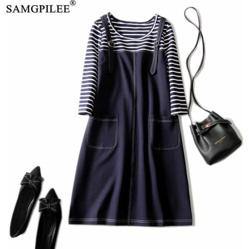 Dresses 2021 New Fashion Striped Stitching Fake Two Piece Big Pockets Plus Size Temperament Office Dress Women Autumn And Winter