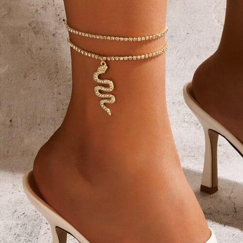 New Arrival Metal Animal Anklets Chain Womens Punk Snake Drill Golden Winding Double Alloy Anklets Chain Jewelry for Girls