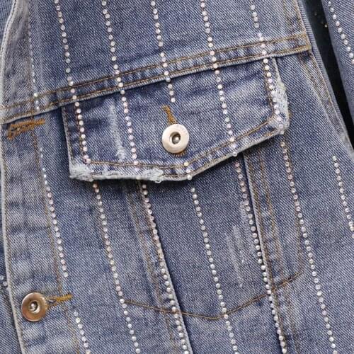 European Style Autumn Rhinestone Striped Loose Fit Denim Coat Female Street Hip Hop Diamond Frayed Jean Jacket Women Outwear