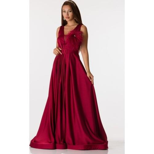 SHECCA (63036) Belt Detailed V Neck Claret Red Satin Dress