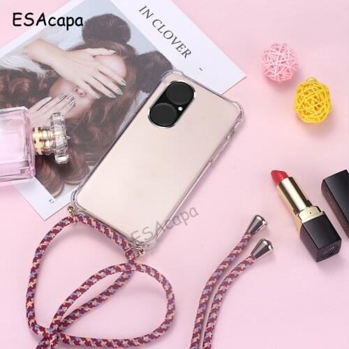 For Huawei P50 Pro P40 P30 lite Crossbody Lanyard Cord Strap Case For Huawei P20 Plus Shockproof Transparent Soft Phone Case