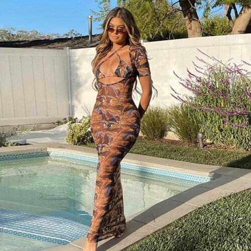Short Sleeve Mesh Printed Summer Maxi Dresses See Through Sexy Bodycon Women 2021 Clothes Fashion Clubwear Party Dress