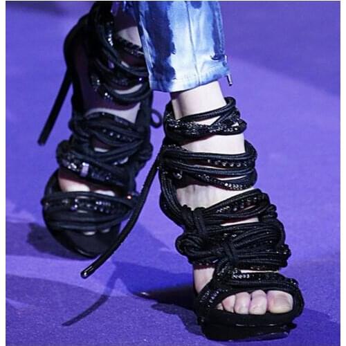 Elastic Band Strappy Sandal High Heels Cut-out Summer Dress Shoes Ankle Strap Rope Lace-up Banquet Shoes Gladiator Heel Big Size