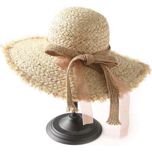 Handmade Bow Ribbon Straw Hat Women Wide Brim Round Top Summer Beach Hats Outdoor Vacation Protection UV Sun Hat Wholesale