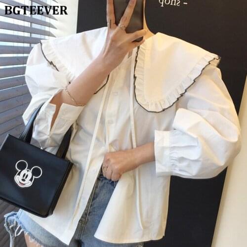 BGTEEVER Stylish Chic Peter pan Collar Women Solid Blouses Casual Lace-up Single-breasted Female Shirts 2021 Autumn Blusas Femme