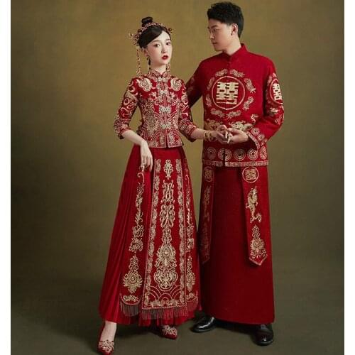 Traditional High Quality Embroidery Bride Groom Wedding Dress Retro Chinese Refined Stylish Marry Cheongsam Oversize 6XL