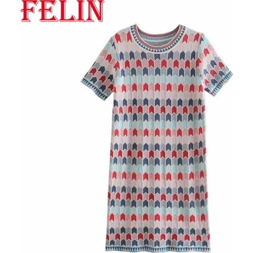 FELIN Za Vintage Arrow printing Summer O-Neck Dress Women Fashion 2021 French Knit Mini Dress Short Sleeve Chic Mujer Vestidos