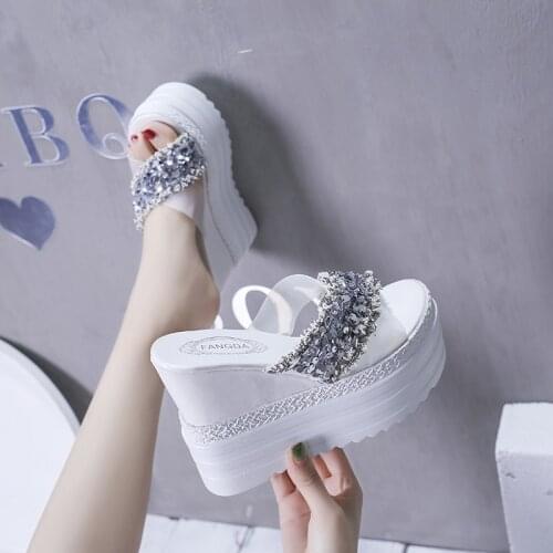 Summer Rhinestone Wedges Heel Women Slippers Platform Peep Toe Height Increasing Slides 2021 Sexy Ladies Shoes Zapatos De Mujer
