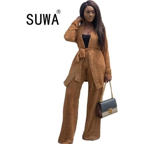 2020 Autumn winter casual women two piece tracksuit matching sets long sleeve coat top + high waist wide leg pants lounge wear