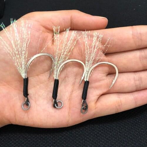 20PCS Assist Hook Barbed Single Jig Hooks Thread Feather Pesca High Carbon Steel Short Assist Fishing Hook Slow Jigging Hook
