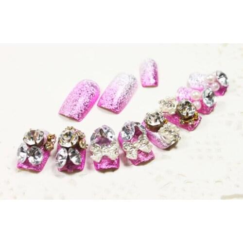 24pcs/set Women Artificial Fake Nails Rose Color Rhinestone Finger False Nail Tips Party Hand Decoration