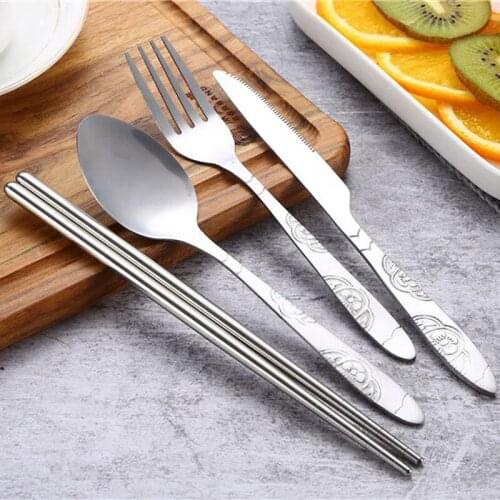 7pcs/Set Portable Stainless Steel Dinnerware Sets Spoon Fork Steak Knife Tableware Travel Dining Canteen Dinnerware With Bag