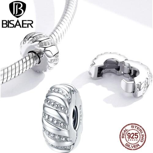 BISAER Simple Texture Spacer Beads 925 Sterling Silver Round Open Stopper Fit Bracelet Bangle DIY Jewelry Making EFC278