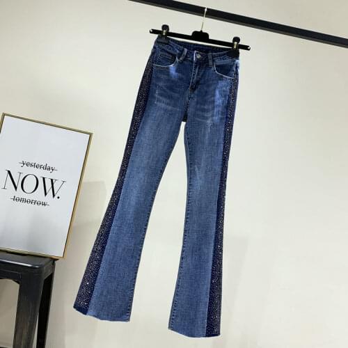 Ladies Fashion Jeans Denim Flared Trousers Spring and Autumn New High-waist Diamond Retro Casual Trousers