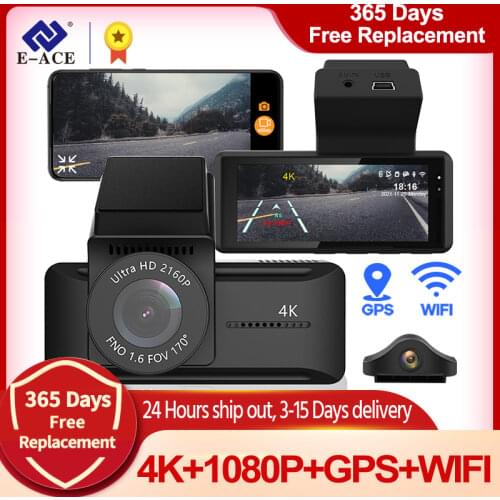 E-ACE B44 4K Dash Camera Car DVR Video Recorder Ultra HD 2160P GPS Track WiFi Night Vision Dashcam support 1080P Rear Camera