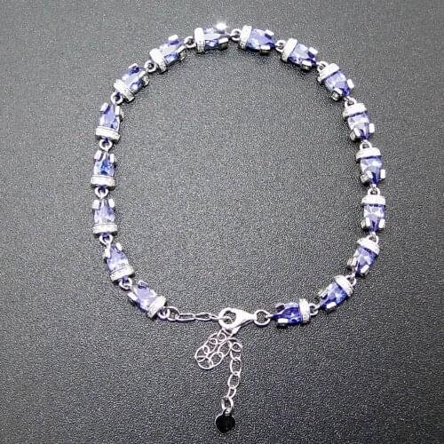 Fine Jewelry 100% 925 Sterling Women Jewelry Silver Bracelet with Tanzanite Color Stone DR01407207B 7"+1"extension Chian as gift