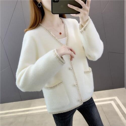 2021 Time-limited Room 206753, Row 9, No.4, Top] Real Shot V-neck Mink Like Pocket Knitted Cardigan 49