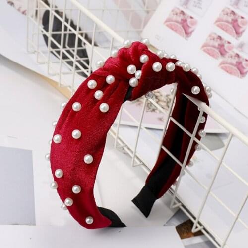 Korean Pearl Headband For Women Girls Rhinestone Elastic Hairband Retro Velvet Knotted Headwear Jewelry