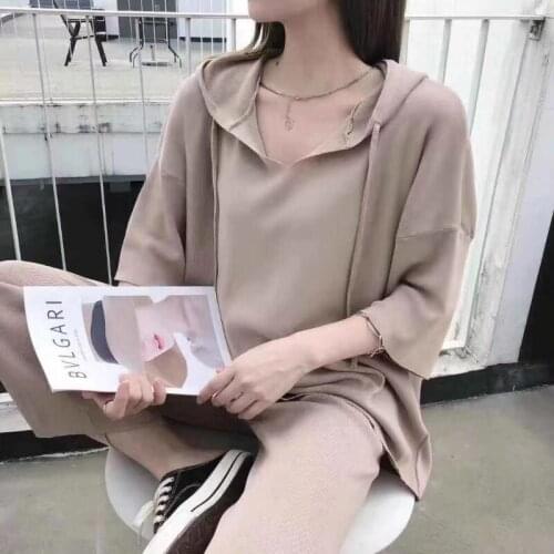 New Autumn Knitted Womens Tracksuit Loose Hooded Half Sleeve Hooded Tops + Wide Leg Pants Two Piece Set Korean Casual Sports