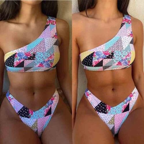 Hirigin Sexy Women One Shoulder Bikini Set Swimwear 2021 New Printed Flower Swimming Suit Push Up Padded Women Bathing Suit