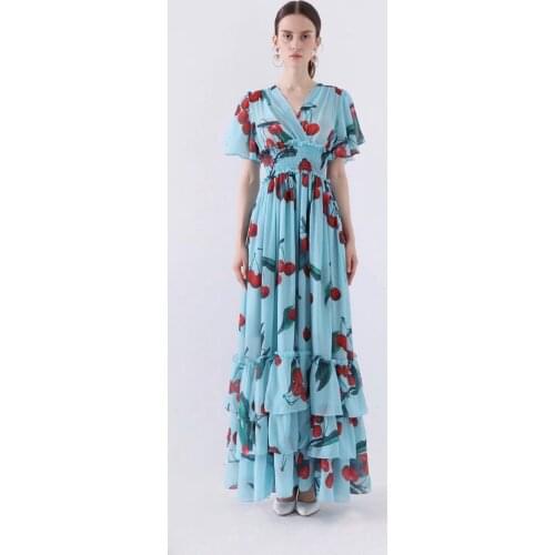 Summer Designer Party Maxi Long Dresses Womens Noble Short Sleeve Blue Cherry Fruit Printed Ruffle Robe Femme Ete