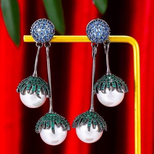 Missvikki Luxury Long Round Pearl Earrings For Women Wedding Party Cubic Zircon Crystal CZ Dubai Bridal Earrings Fashion Jewelry