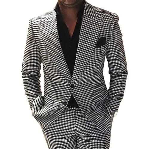 Houndstooth Men Suits for Wedding 2 Pieces Checkered Groom Tuxedos Male Fashion Clothes 2021 Costumes Set Jacket with Pants