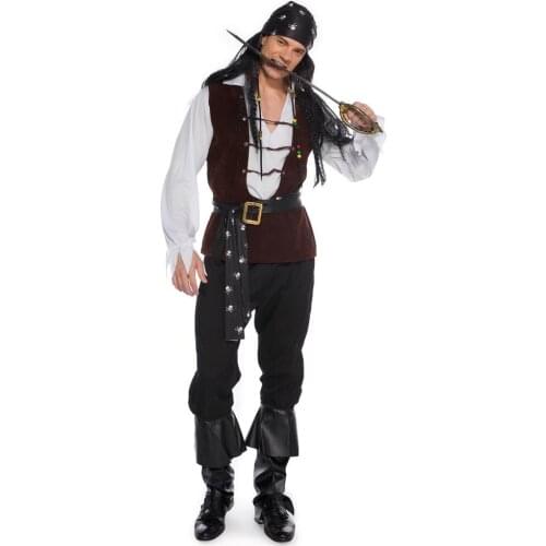 Deluxe Men Skull Pirate Costume Halloween Wild Adult Captain Cosplay Clothing