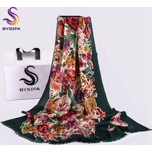 [BYSIFA]100% Wool Women Green Scarves Shawls New Chinese Peony Long Pashmina Scarves Spring Autumn Female Brand Neck Scarf Hijab