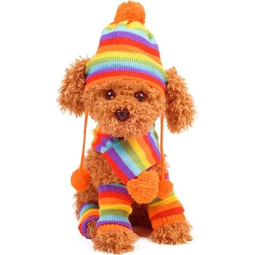 Hat Pet Dog Puppy Winter Knitted Costume Set Cap Striped Hats Scarf Leg Warmer Dropshipping
